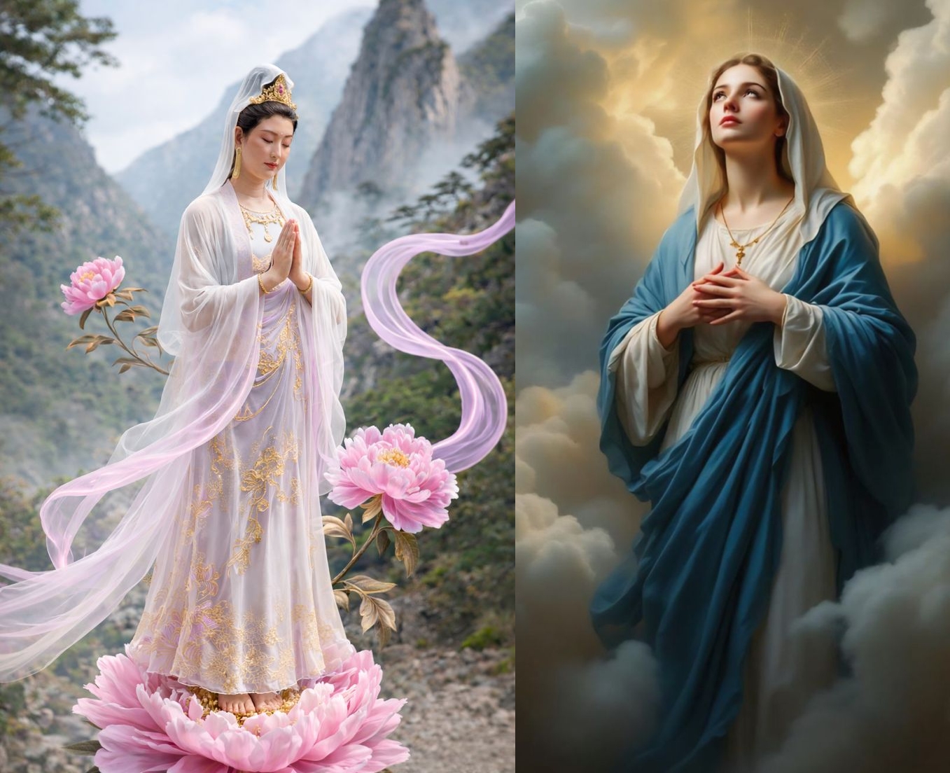 Guan Yin and the Virgin Mary, compassionate divine feminine figures in Pure Land and Christian traditions