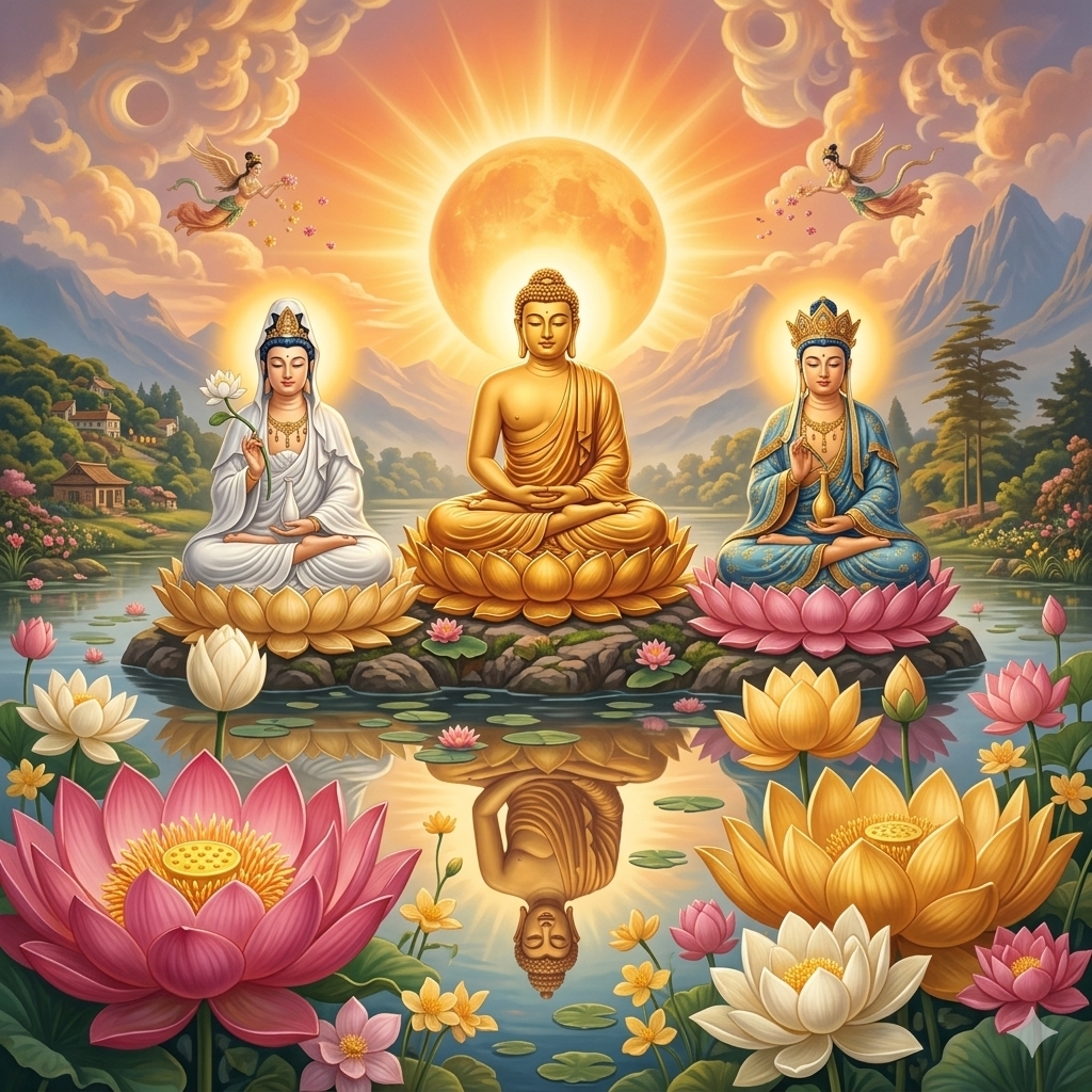 Pure Land Buddhist lotus imagery representing the Western Pure Land of Amitabha Buddha