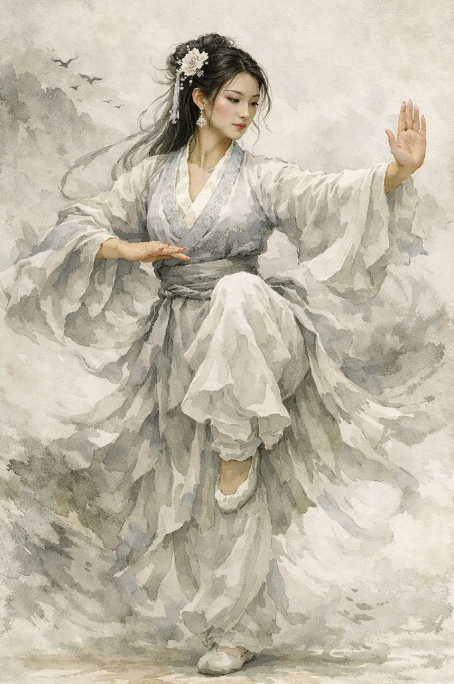 Woman in flowing robes practicing tai chi