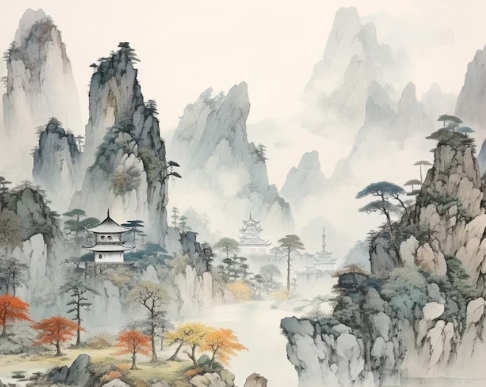 Misty mountain peaks with pagodas