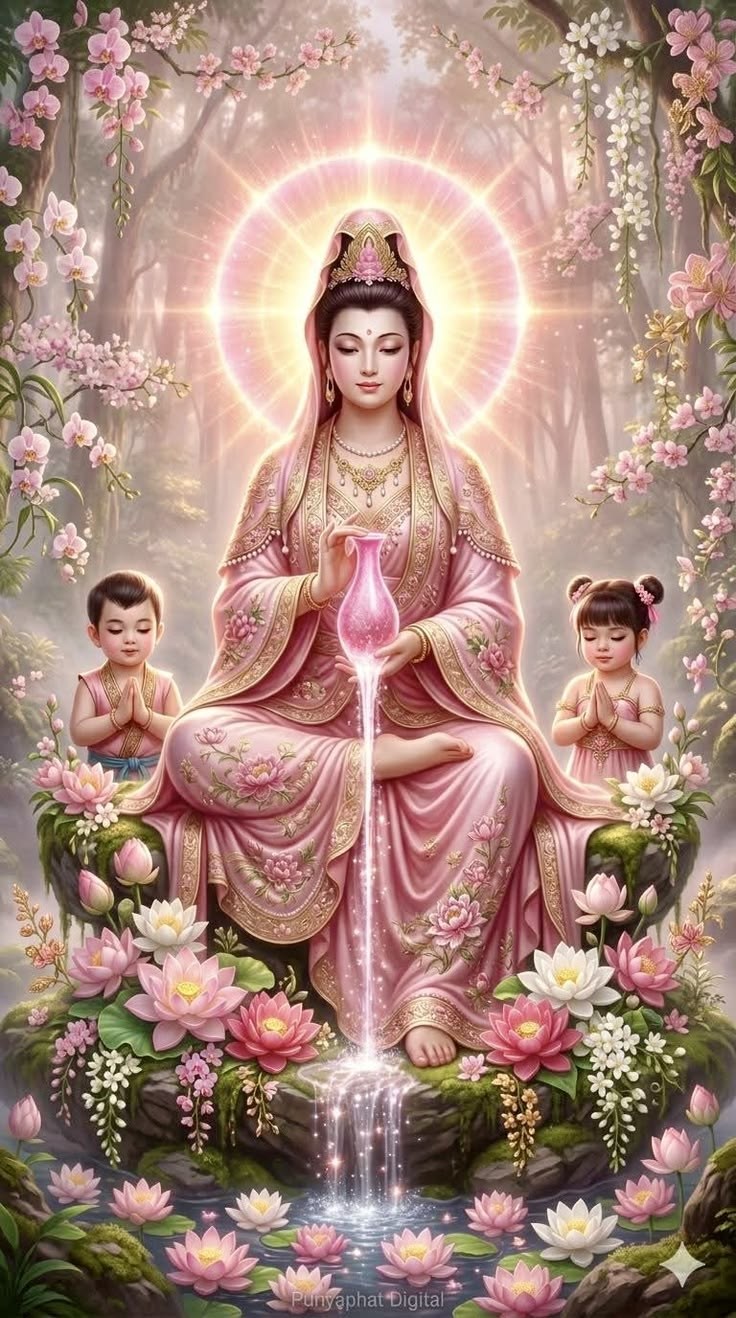 A celestial figure in blue and gold holding a flower, beside a deer under a night sky