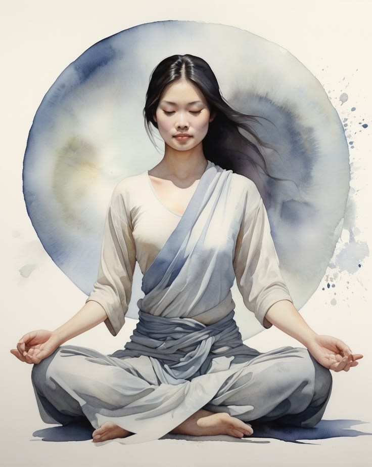 A meditating figure before a luminous moon-circle, turning the light inward