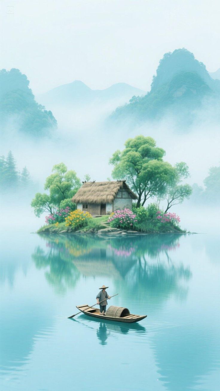 A lone fisherman poling past a misty riverside cottage