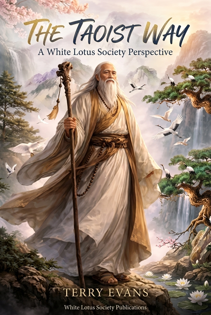 Cover of The Taoist Way: A White Lotus Society Perspective by Terry Evans, showing a white-bearded Taoist sage with a staff among mountains, cranes, and lotus flowers