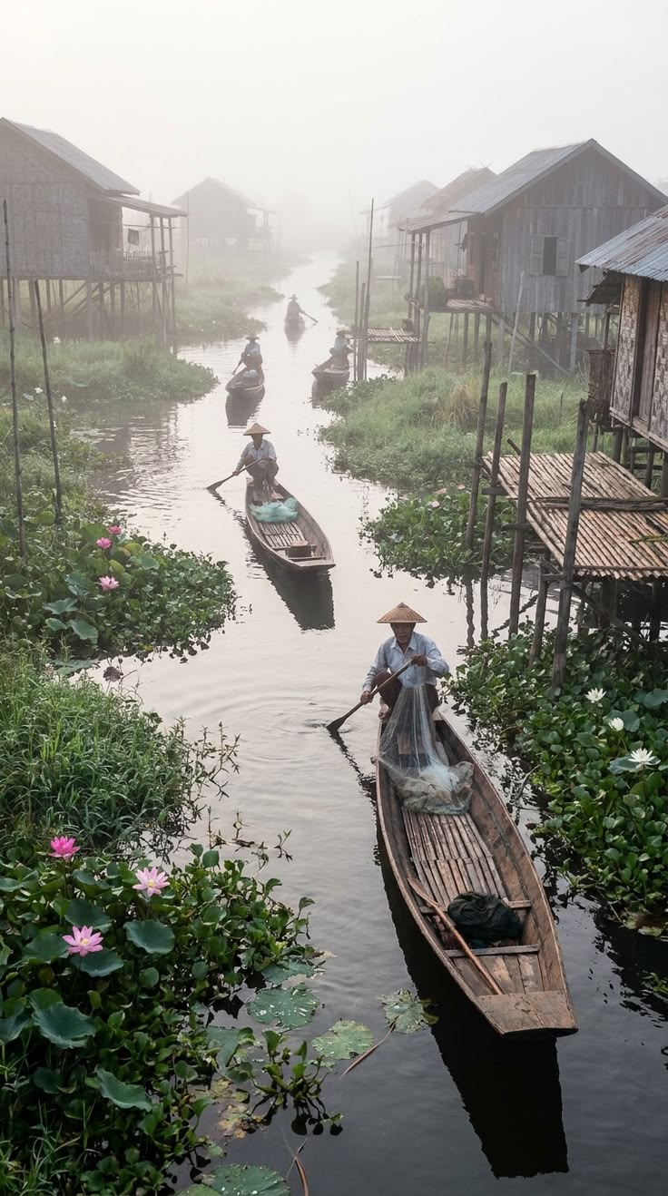 Fishermen poling boats through a misty lotus-lined river village at dawn