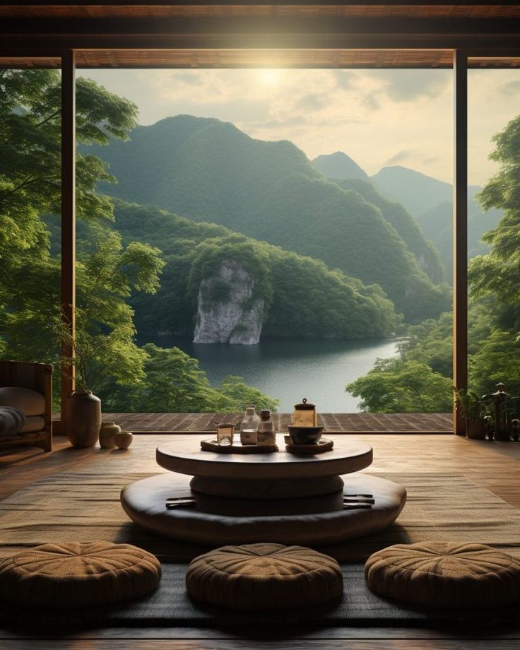A quiet room with cushions overlooking a mountain lake, set for tea