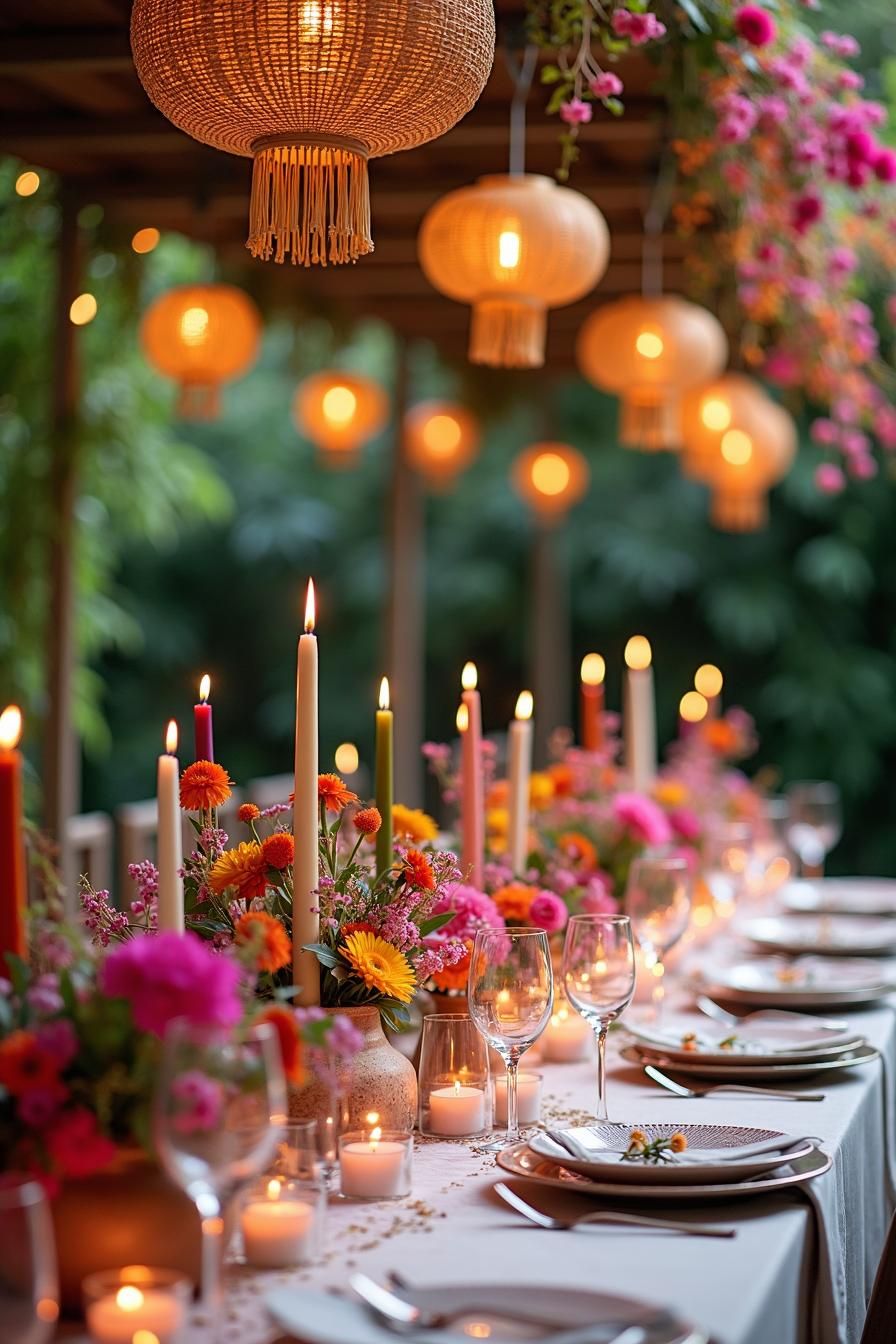 Reception table styled with blush and gold florals, candles, and string lights