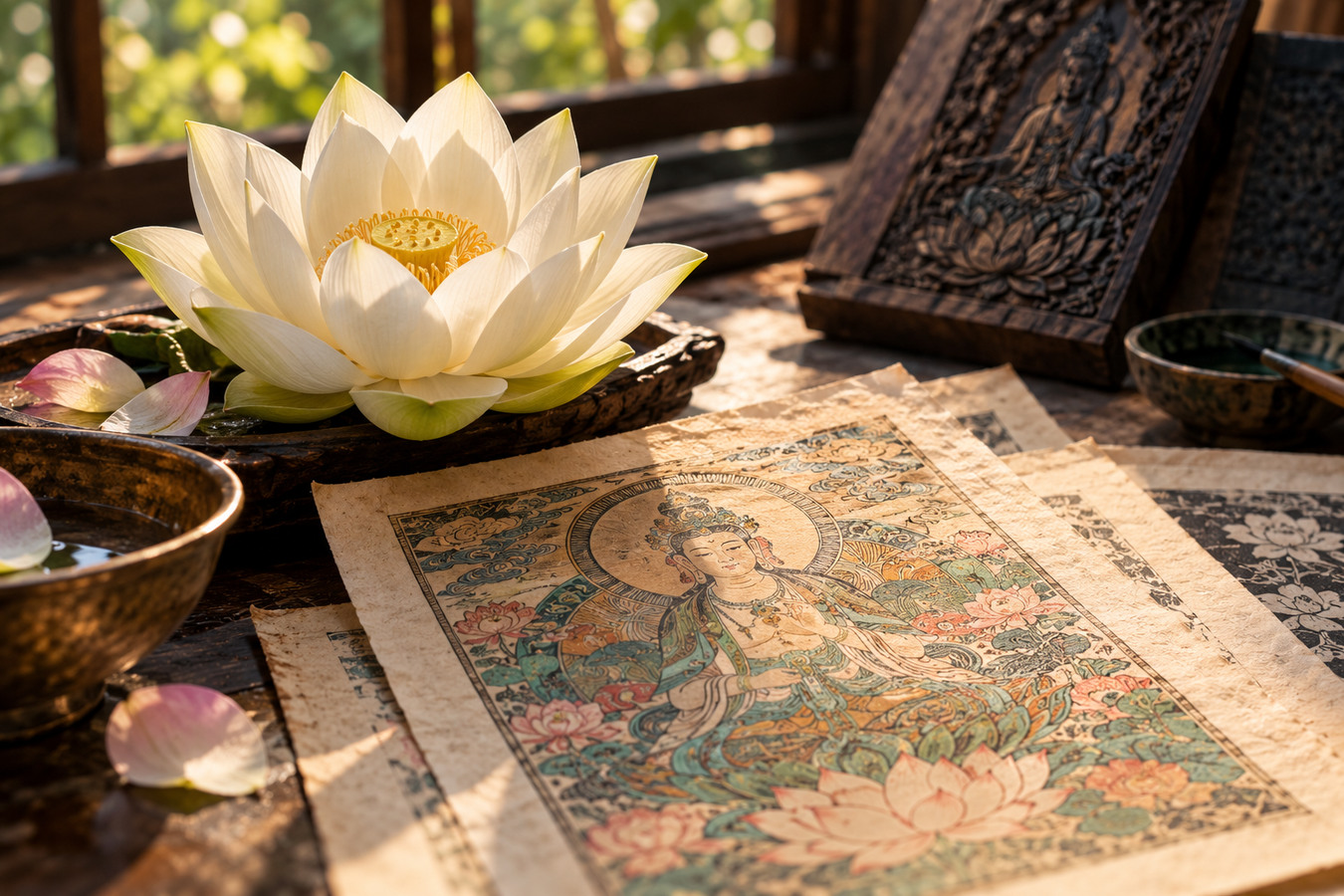 White lotus blossom beside Buddhist devotional woodblock prints