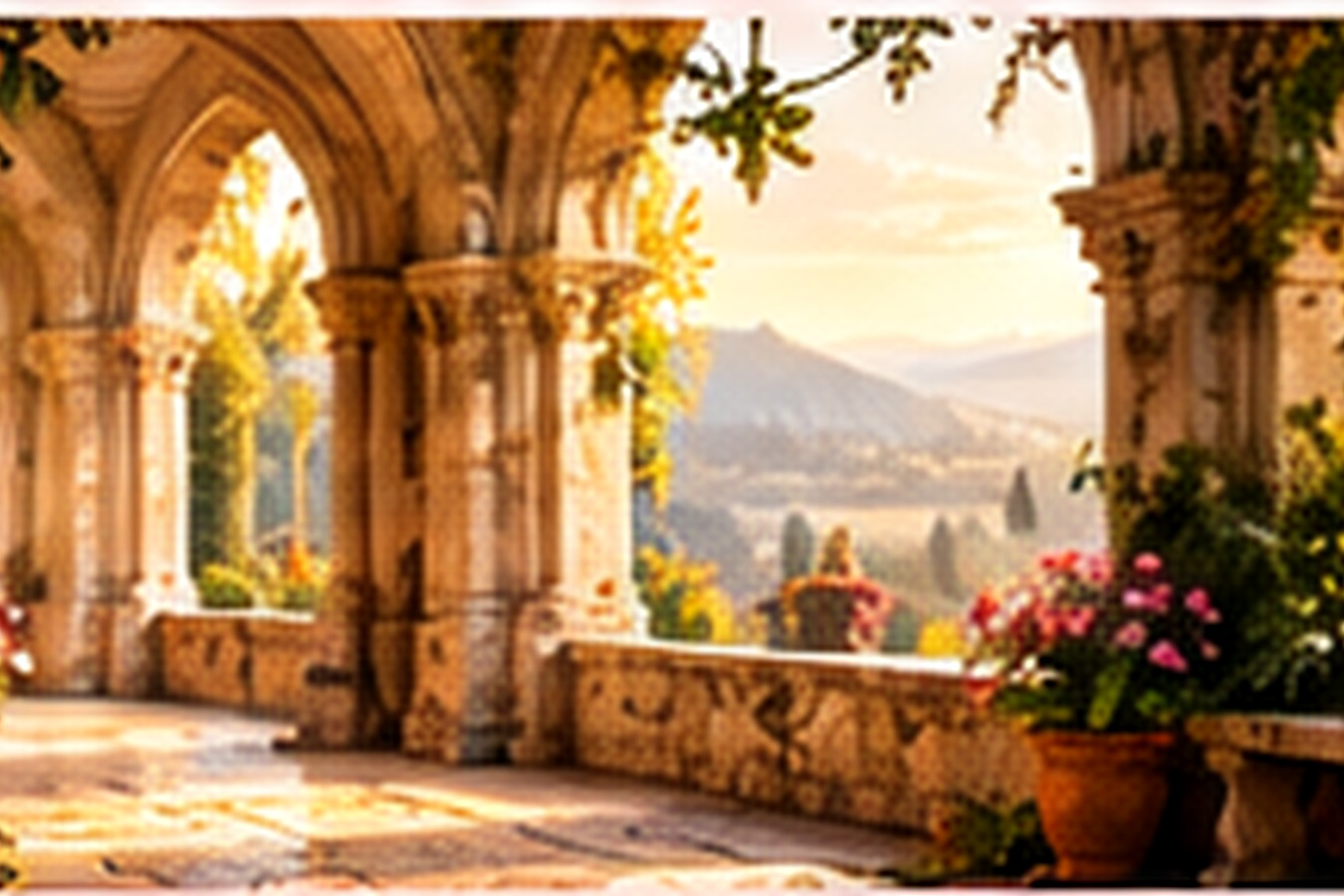Sunlit cloister arches and flowering sacred garden