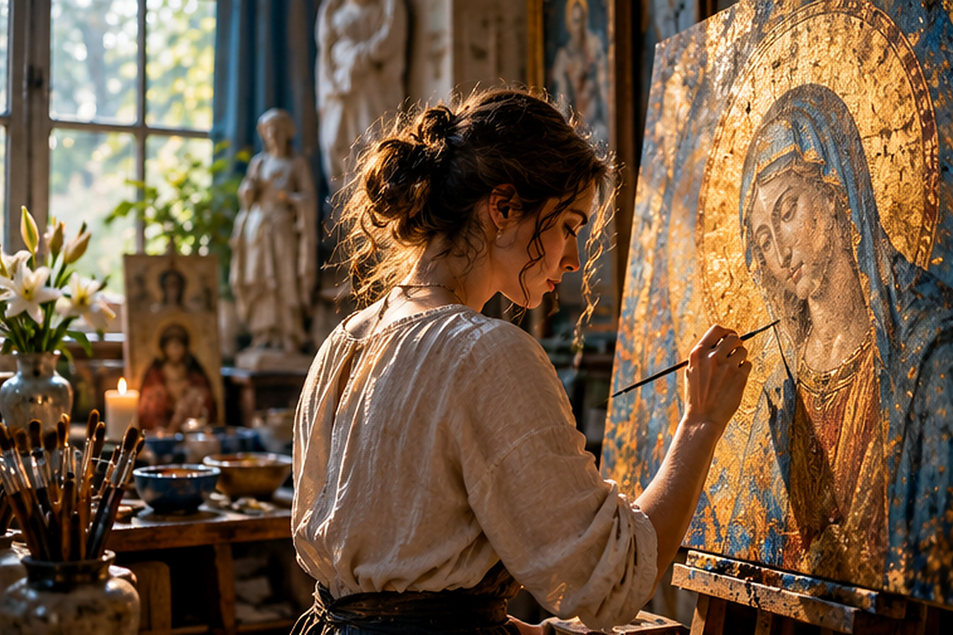 Painter creating an icon in a light-filled studio