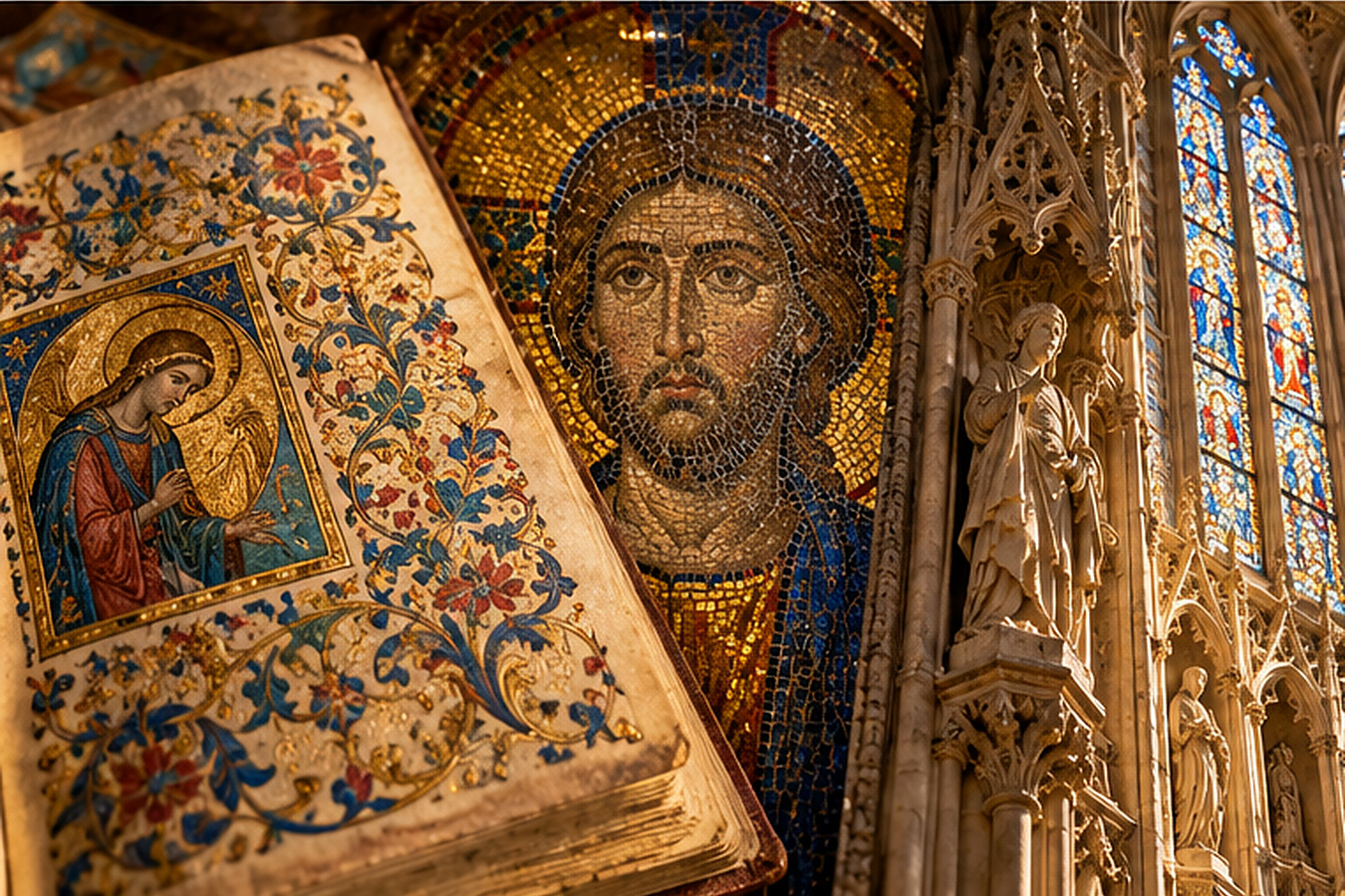 Illuminated sacred manuscript, icon mosaics, and Gothic stonework