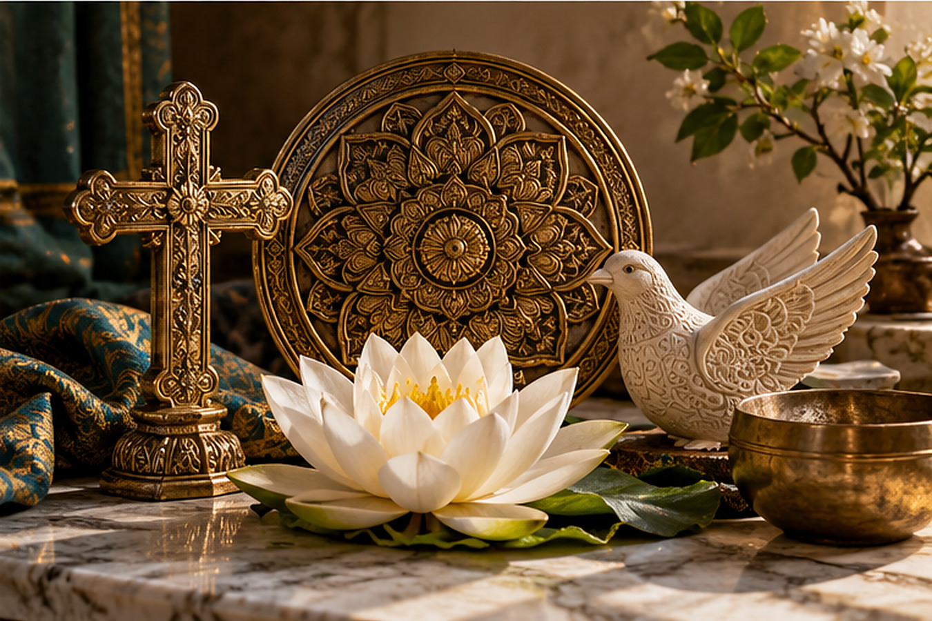 Cross, mandala, white lotus, dove, and singing bowl