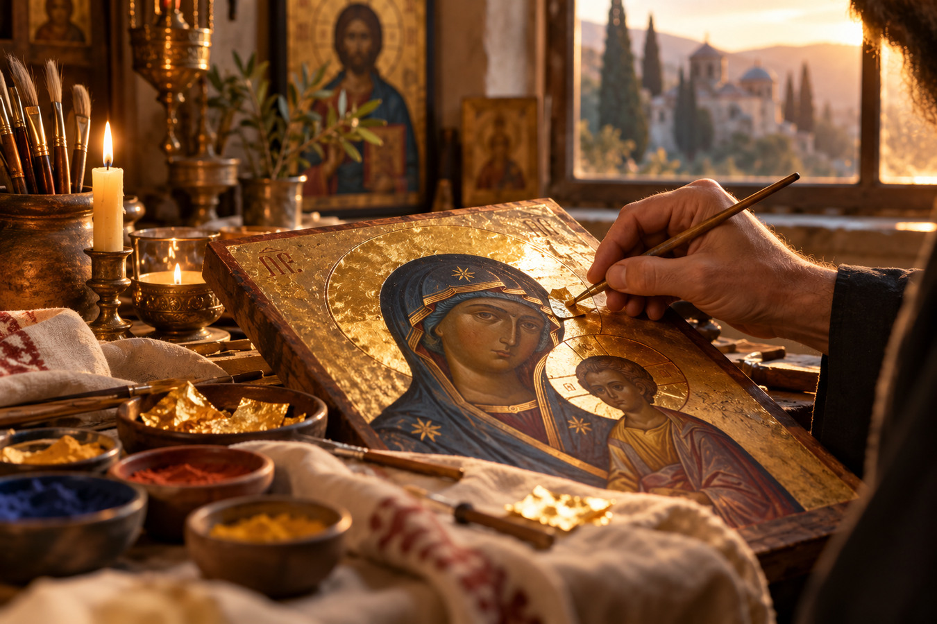 Icon artisan applying gold leaf to a devotional panel