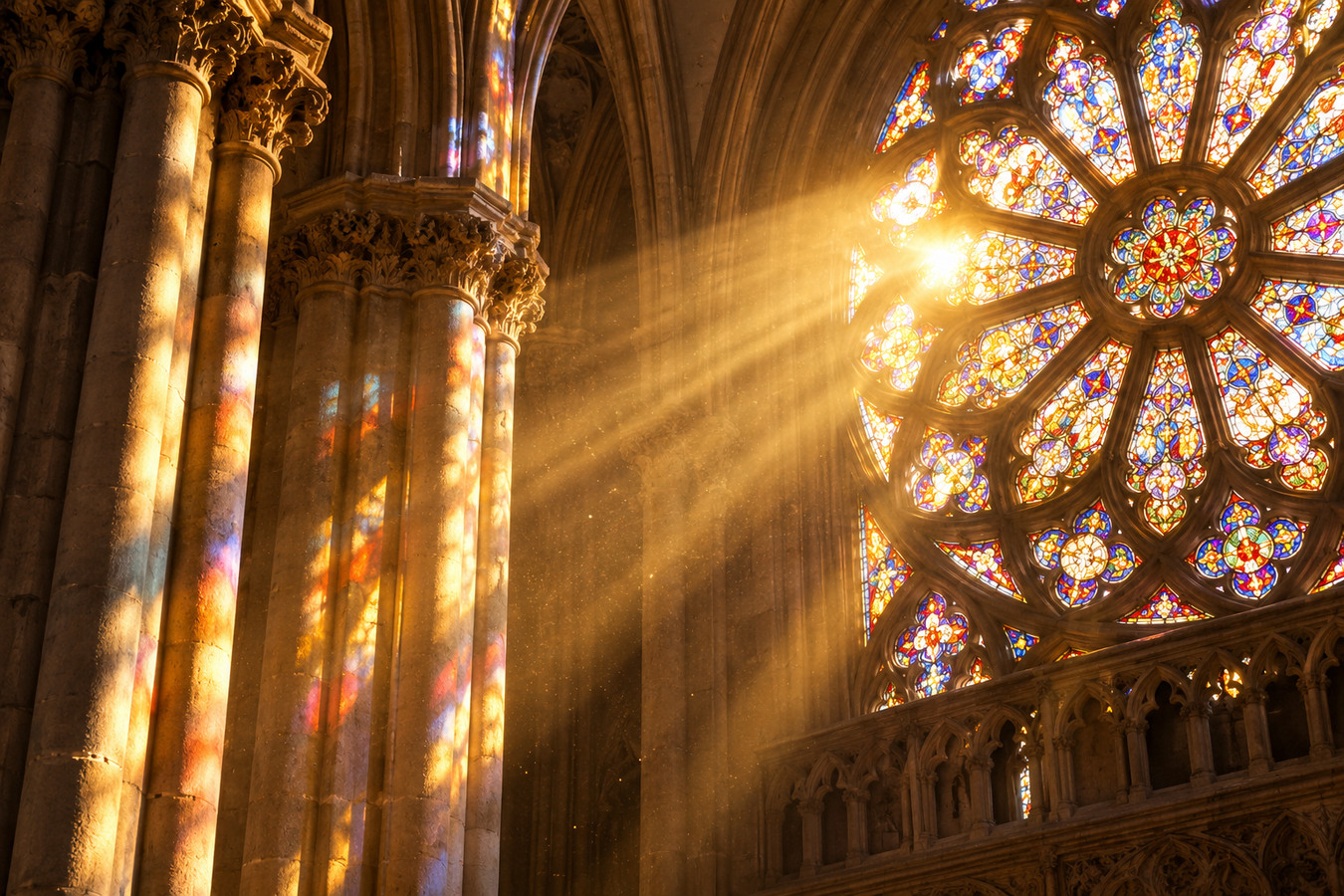 Radiant stained-glass rose window in a vaulted Gothic cathedral