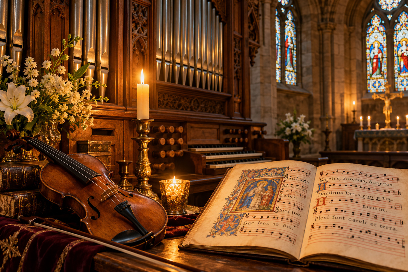 Violin, illuminated chant manuscript, organ and candlelit church