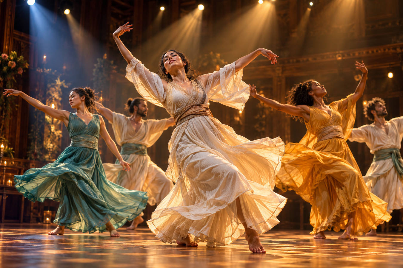 Expressive dance performance illuminated by golden stage lights