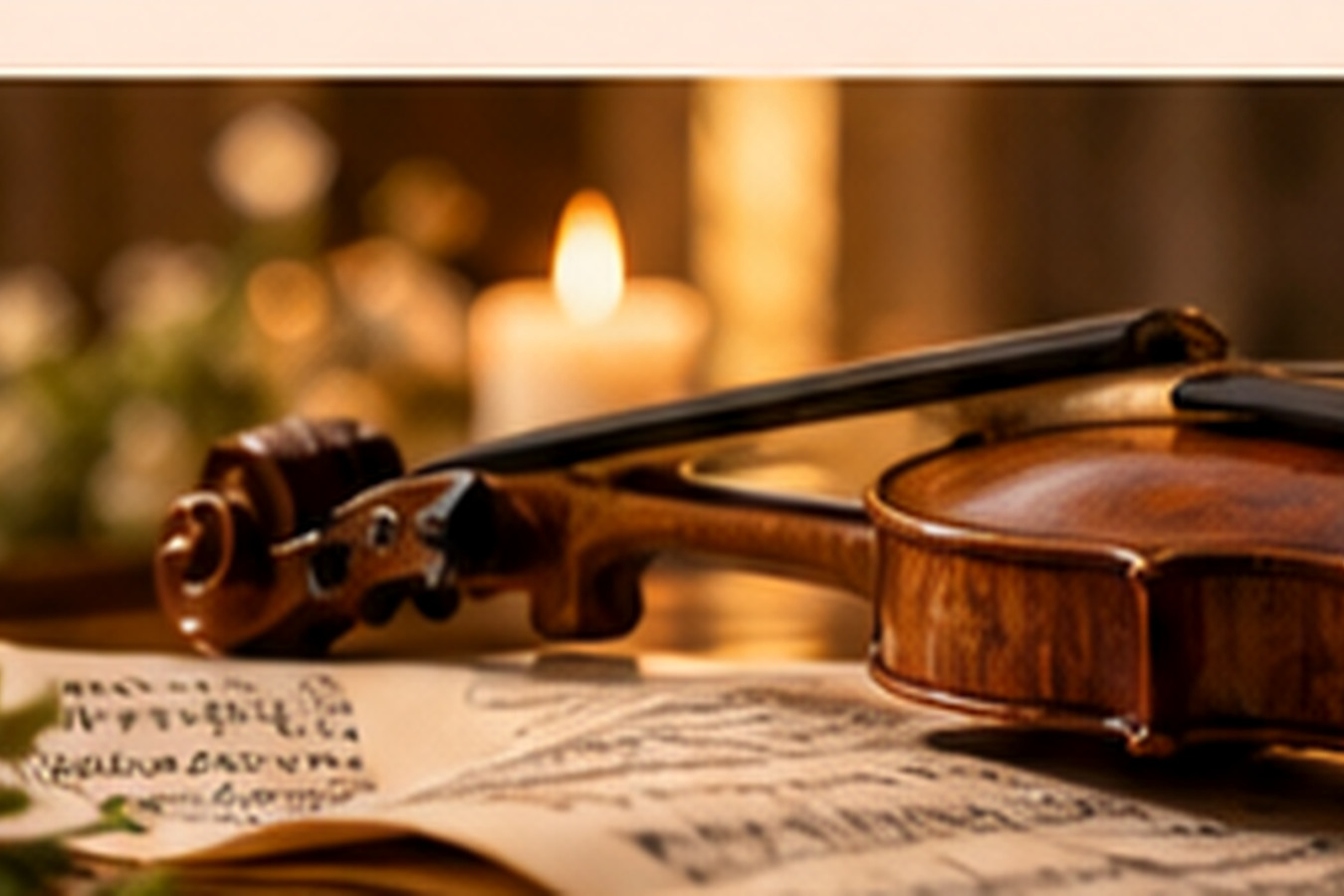 Violin and music manuscript in a candlelit sanctuary