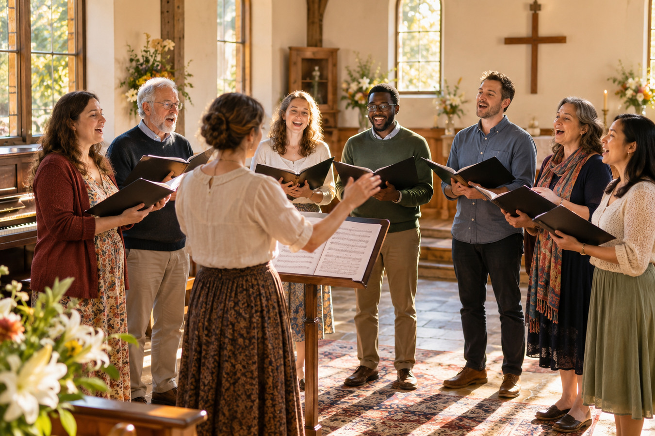 Community choir rehearsing together in a sunlit chapel