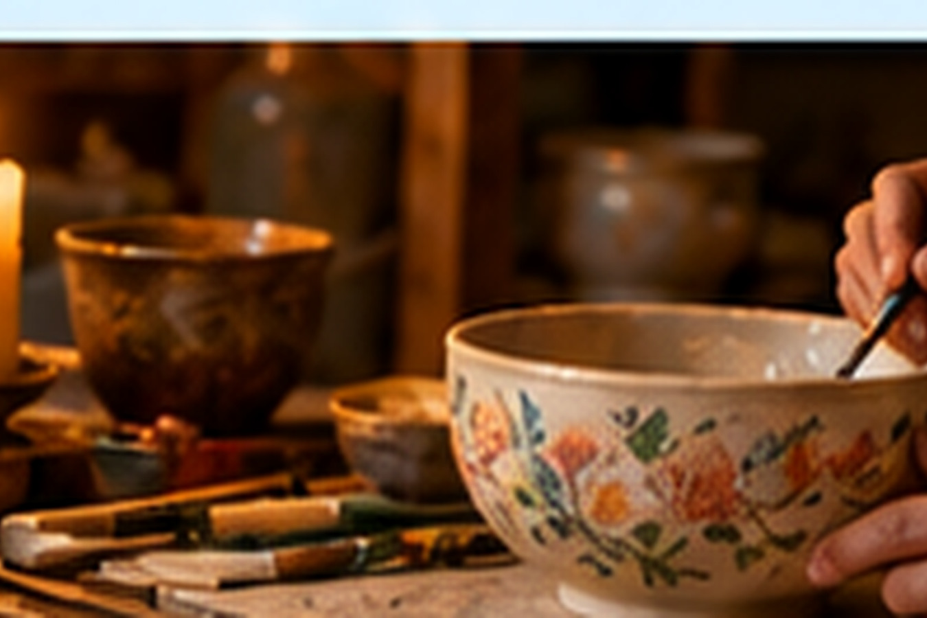 Hands painting a decorated ceramic bowl in an artist studio