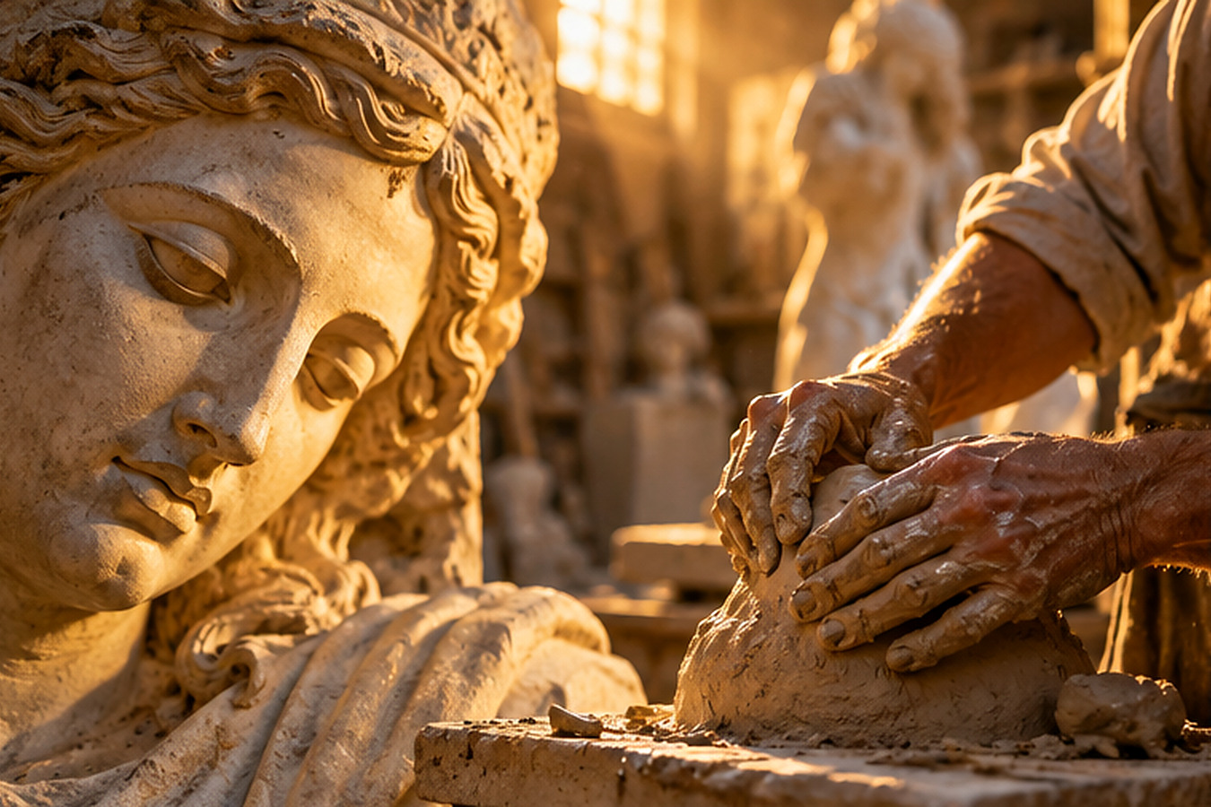 Hands shaping clay beside a classical sculpted face