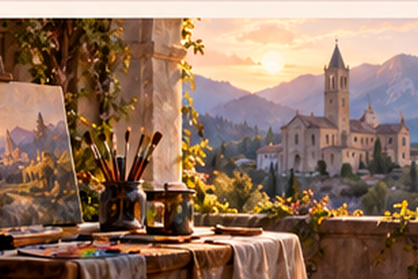 Painting supplies and canvas overlooking mountains and an abbey