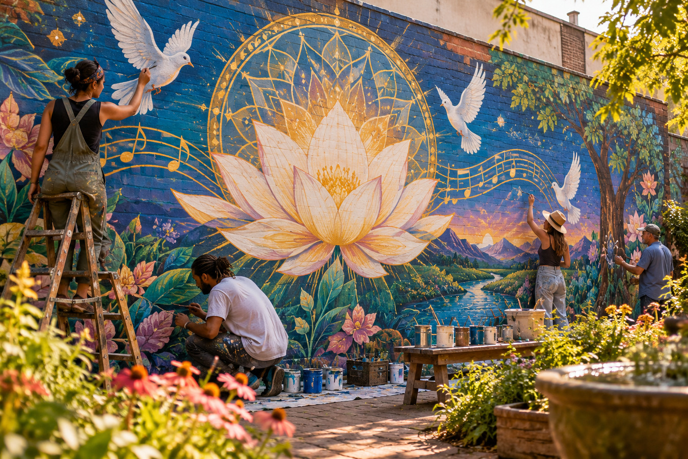 Artists creating a colorful public lotus mural with peaceful doves