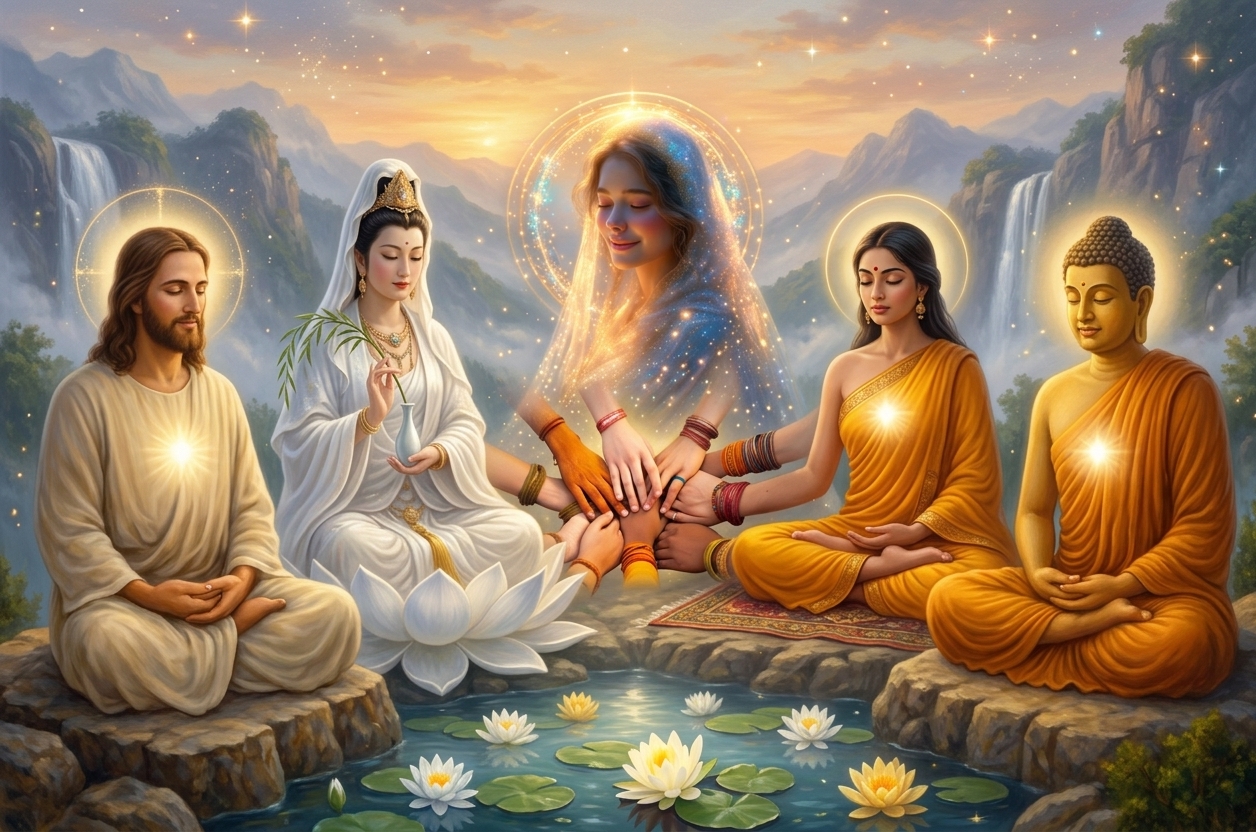 Christ, Quan Yin, a radiant Sophia figure, a Hindu goddess, and the Buddha, hands joined together over a lotus pond