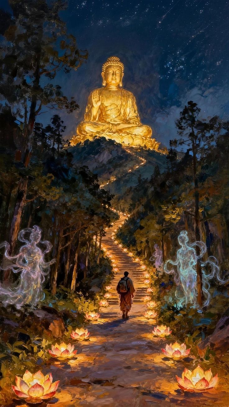 A golden Buddha statue glowing above a lantern-lit stairway of lotus flowers, luminous spirit figures at the path's edge