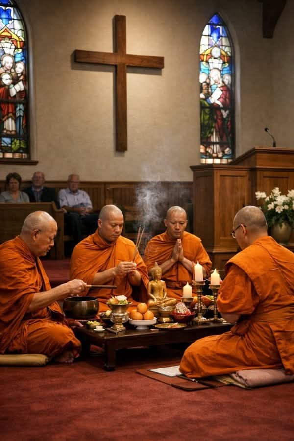 A row of monks seated together in shared practice