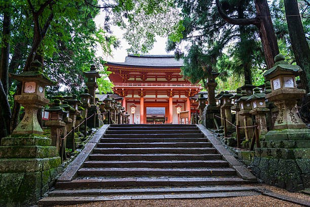A stone stairway lined with moss-covered lanterns climbing toward a vermilion gate