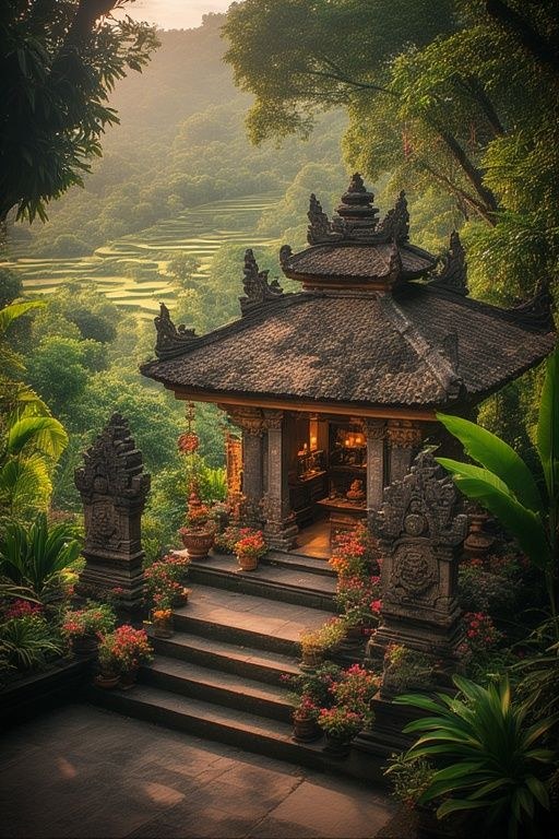 A stone garden terrace with cultivated greenery