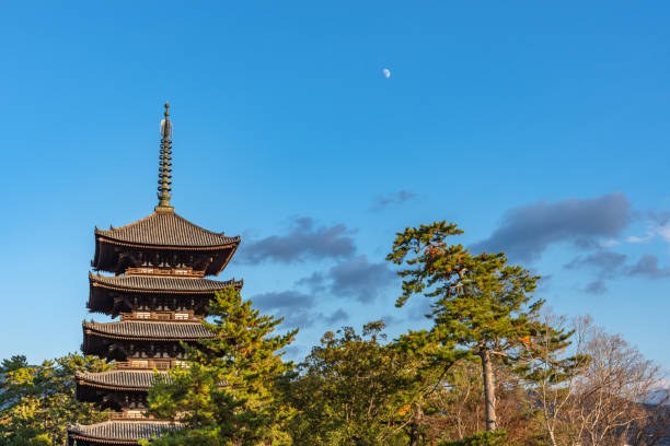 A pagoda's spire against a blue evening sky with the moon rising beside it