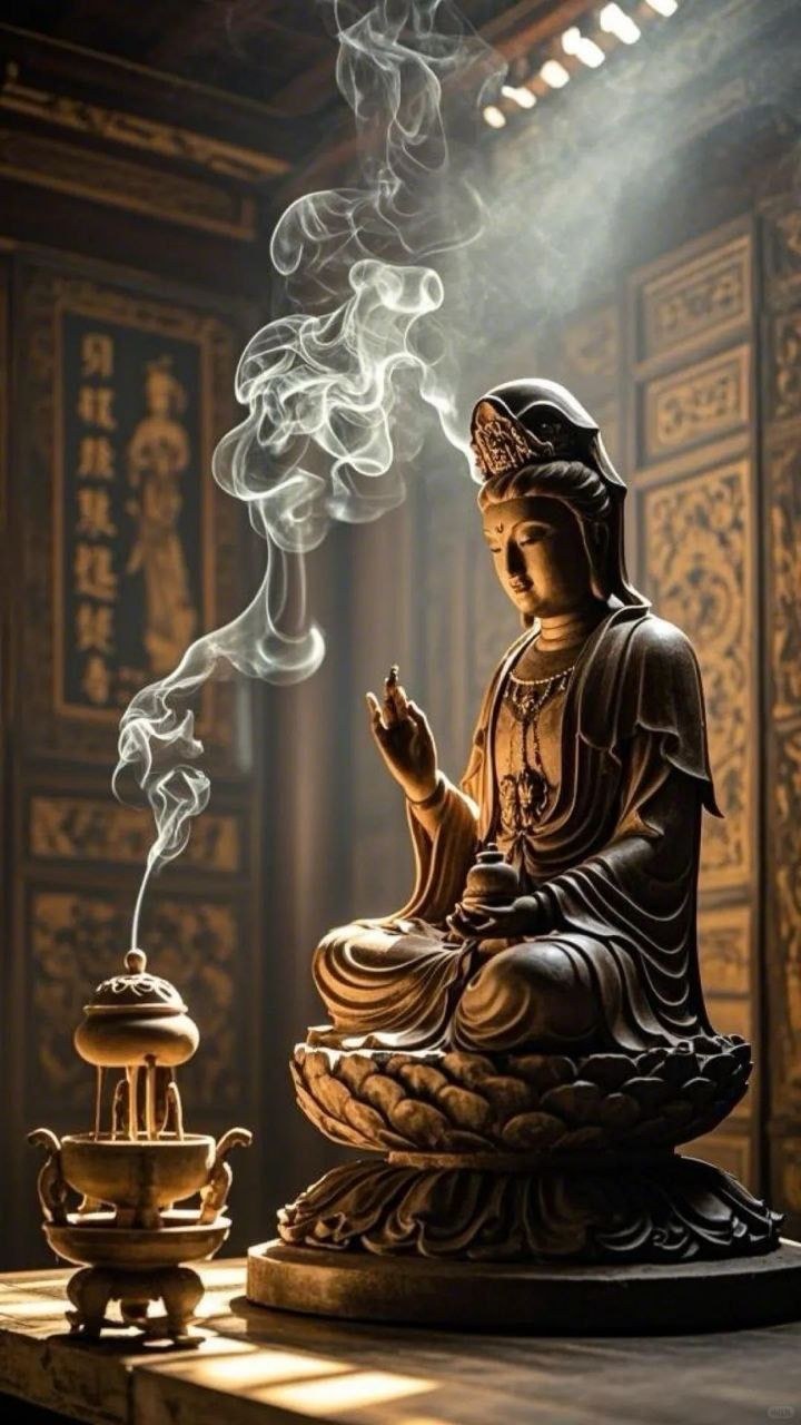 Incense smoke rising before a seated Buddha statue