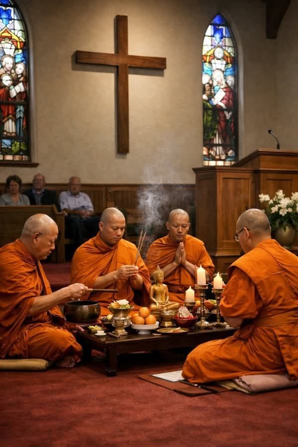 Buddhist monks in saffron robes performing a blessing ceremony inside a Christian church, incense rising before a small Buddha image, a wooden cross on the wall behind them
