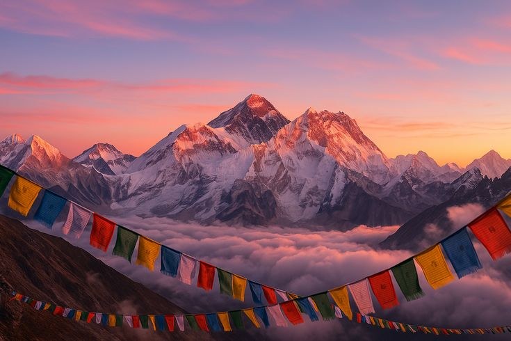 Prayer flags strung before a great snow-capped peak