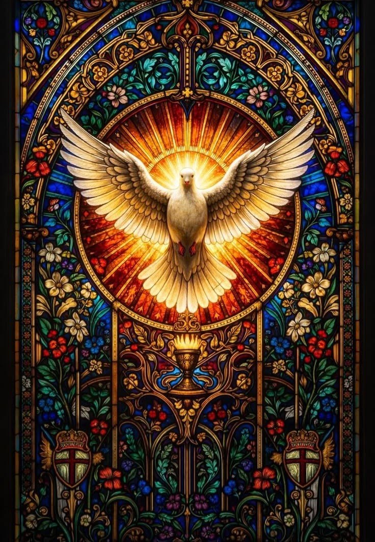 Sunlight streaming through colored stained glass