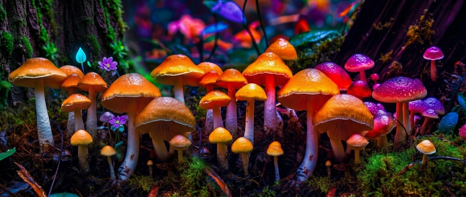 Glowing bioluminescent mushrooms fruiting in a mossy forest